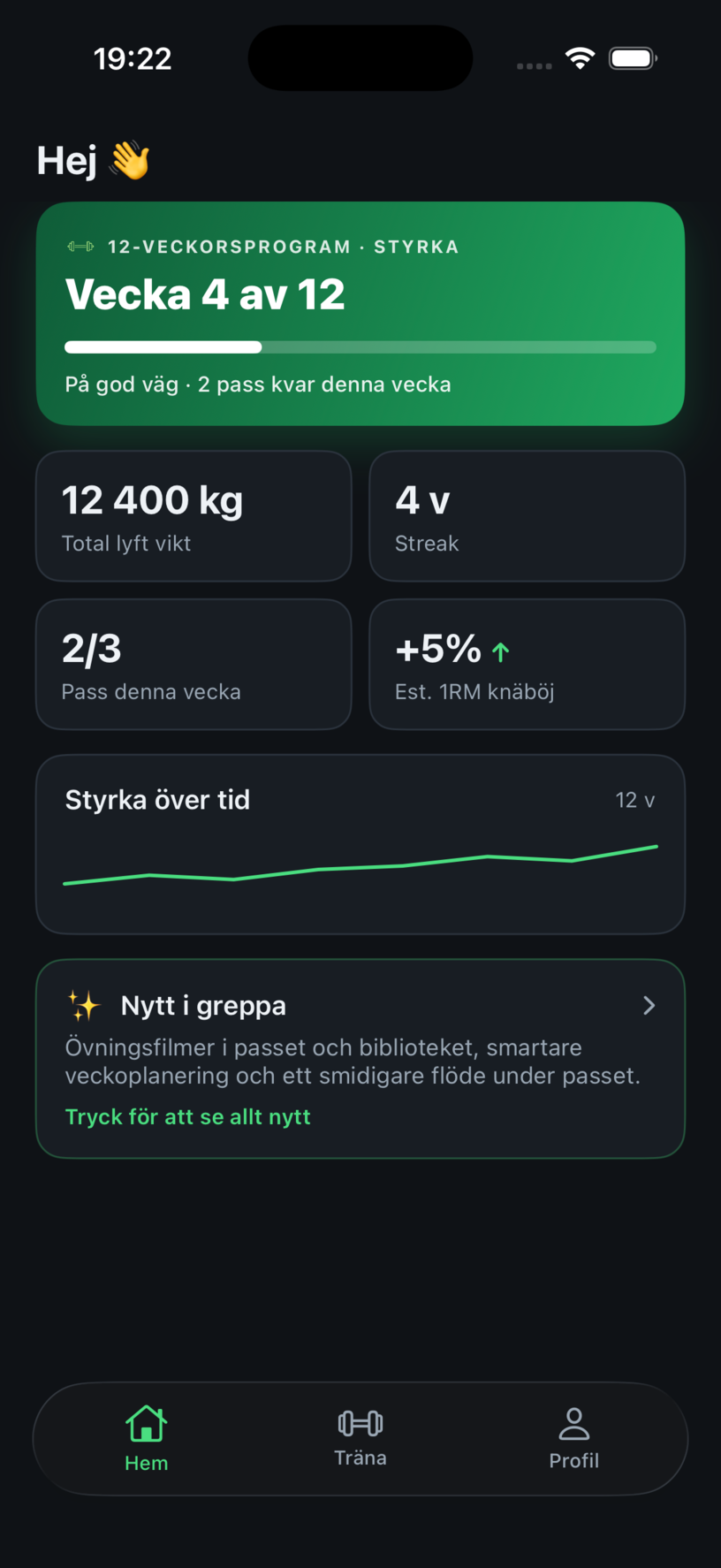 The greppa home screen: a 12-week strength program with weekly progress and training stats.